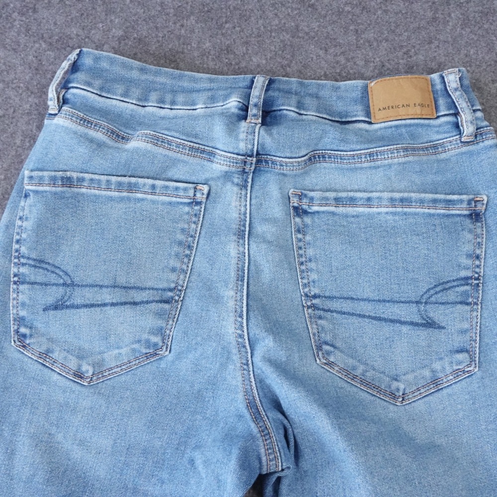 American Eagle Curvy Super High-Rise Flare Distressed Jeans Light Wash Blue - Picture 7 of 13